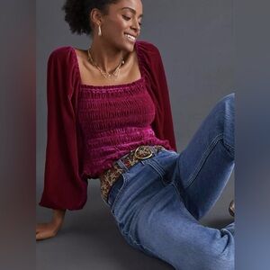 Anthropologie Fuchsia Velour Smocku Blouse